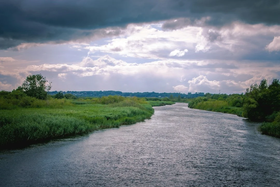 Breiter Fluss mit bewaldetem Ufer unter einem dicht bewölkten, grauen Himmel