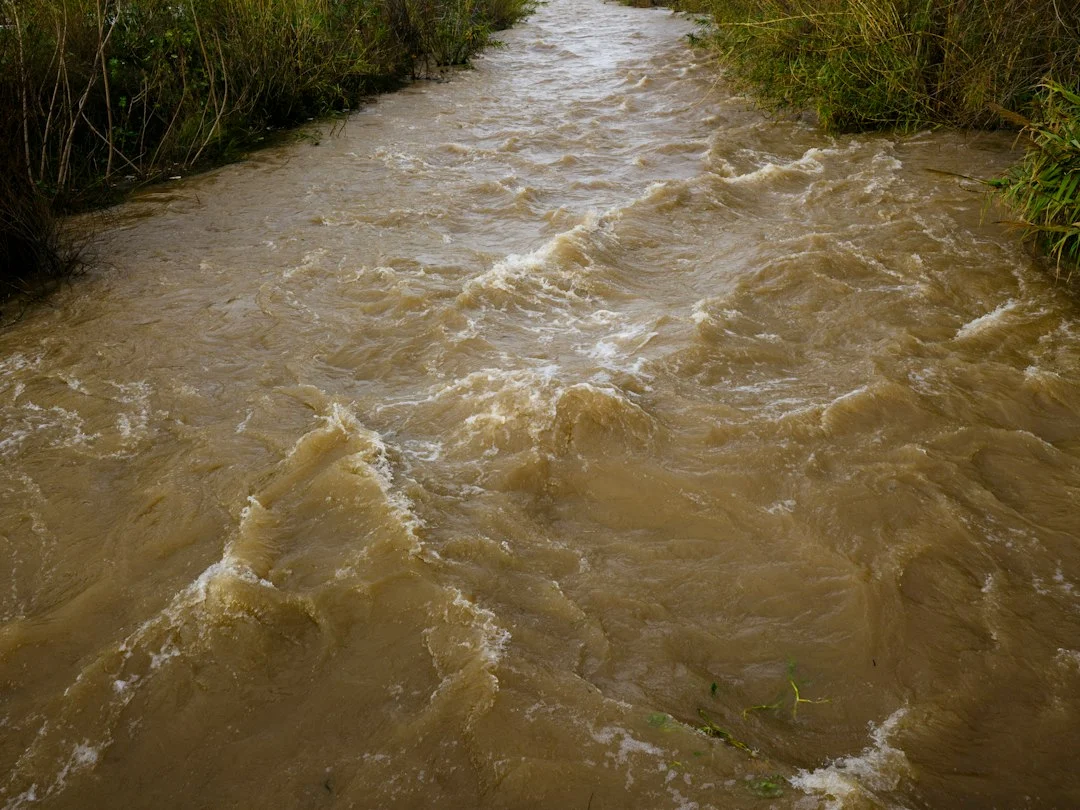 Hochwasser führender Fluss mit braunem, schlammigem Wasser nach starkem Regen